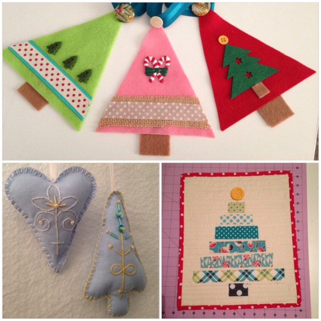 Felt Bunting, Embroidered Homespun Ornaments, Fabric Scrap Quilted Christmas Tree Wallhanging